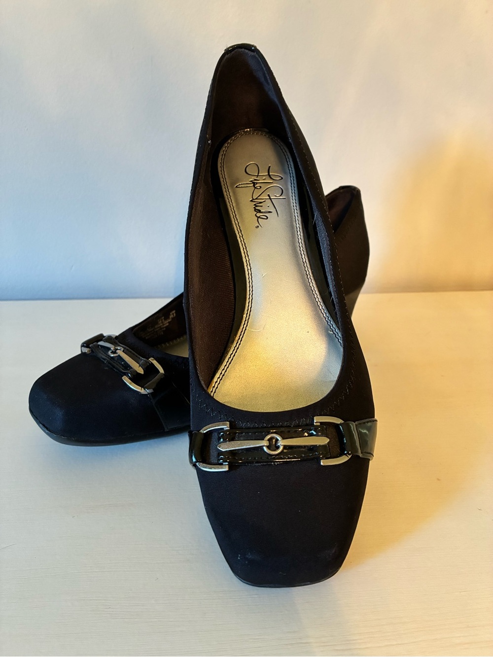 Life Stride Black Wedge with Buckle Accent - EUC
